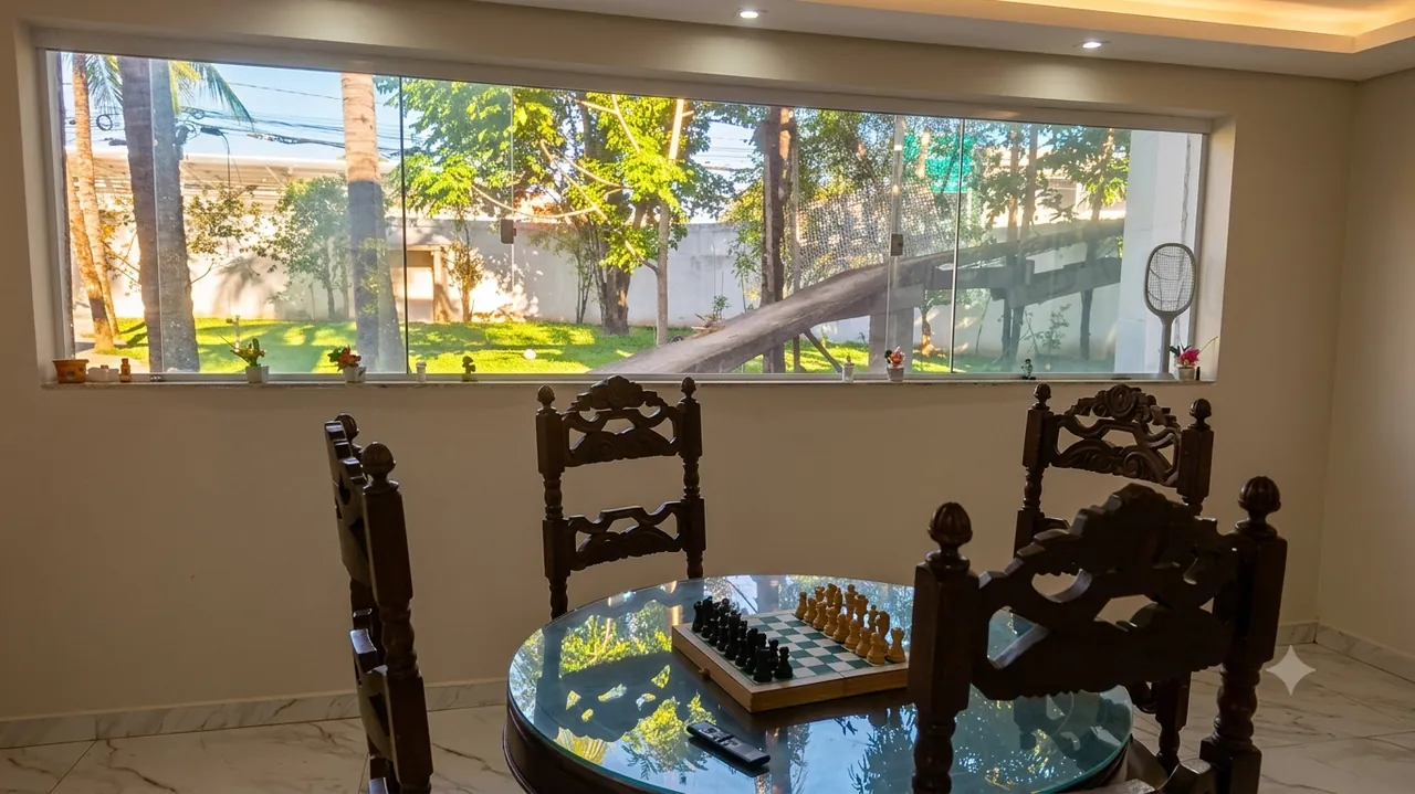 Mesa de xadrez na sala de convivência, com vista para o jardim